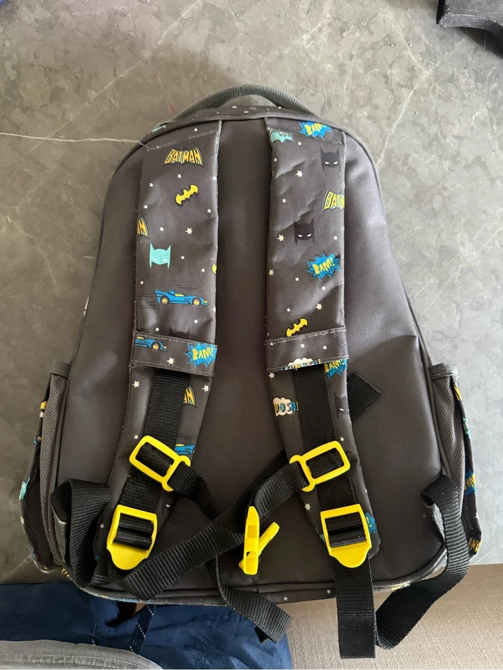 Simple Modern Kids Batman Print Gray Backpack with Yellow and Blue Accents